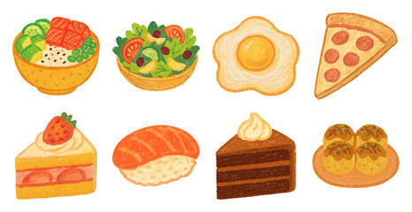 PNG Colorful illustrated diverse food items, element set on transparent background