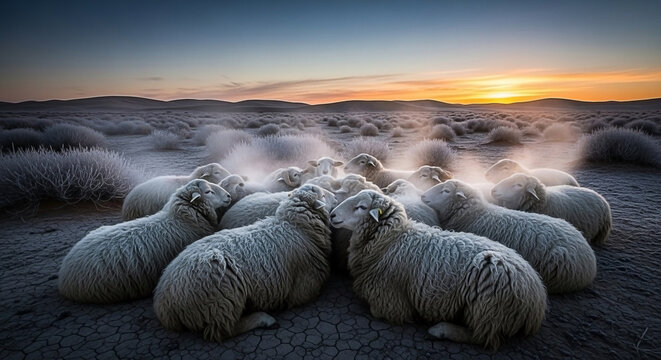 Ethereal pastoral landscape: Flock of sheep congregates at sunset in frosty field