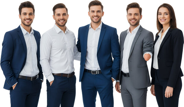 A diverse team of five professionals four men and one woman wearing smart business attire and smiling confidently Teamwork