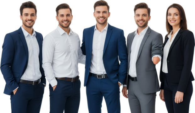 A diverse team of five professionals four men and one woman wearing smart business attire and smiling confidently Teamwork - Powered by Adobe
