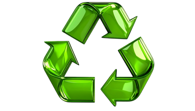 3D Glossy Green Recycling Symbol, Front View, Isolated on Transparent