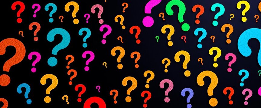 Intricate pattern of question marks on a dark background,  obscure, mystery