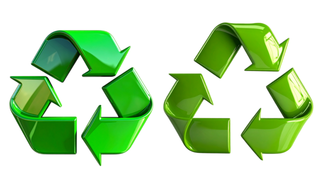 3D Glossy Green Recycling Symbol, Front View, Isolated on Transparent Background - Powered by Adobe
