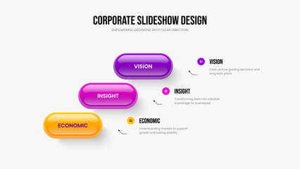 Marketing Profile Three Option Diagram Slide Design. Service Visualization 3 Element Infographic Slideshow Template. Product Overview Presentation Layout Vector Illustration.