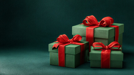 A festive display of three green gift boxes adorned with vibrant red ribbons and bows set