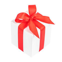 White gift box with red ribbon bow isolated, holiday present concept.
