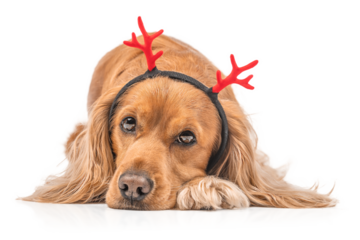 Cute golden dog wearing red reindeer antlers headband lying on white background, festive Christmas pet concept