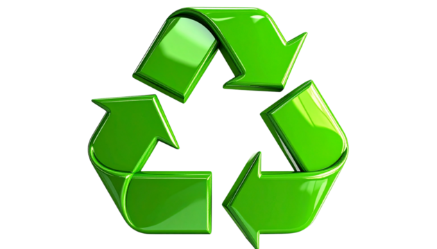 Angled Perspective 3D Green Recycling Icon with Reflective Texture, Isolated on Transparent Background PNG