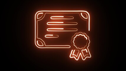 Glowing certificate outline with seal on a black background illuminated with orange neon light