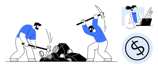 Miners breaking rocks with hammer and pickaxe, analyst working on laptop, dollar sign coin. Ideal for cryptocurrency, blockchain, finance, teamwork, digital economy, wealth simple flat metaphor