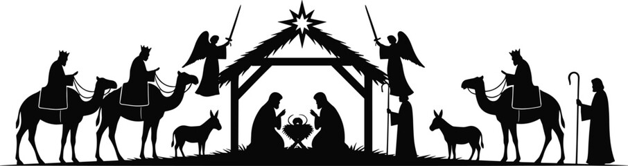 Nativity silhouette vector artwork, holy family manger scene, Christian Christmas design, sacred worship illustration, divine star Bethlehem symbol, cad drawing flat vector illustration