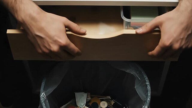 Person Decluttering Messy Desk Drawer Organizing Small Office Supplies