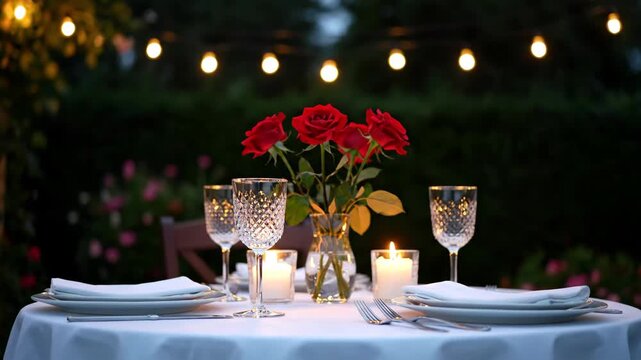 Elegant outdoor dining setup with romantic candlelit table and string lights