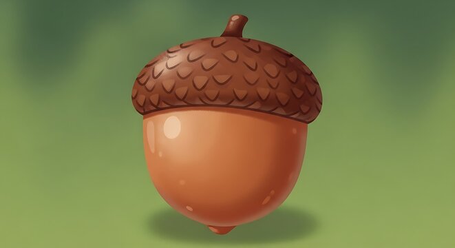 A digitally painted, smooth acorn rests on a solid green background. The acorn is a rich brown, with a textural cap. The base is smooth, shiny orange
