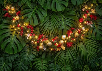 Tropical christmas garland with warm lights on lush green leaves