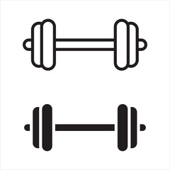 Set of dumbbell icons, consisting of one line style and one solid style, black and white illustrations, symbols of fitness, gym, exercise, and weightlifting, isolated on a white background.
