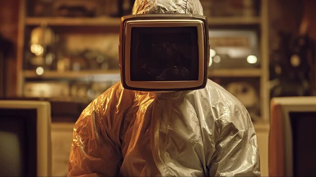 A man in a shiny protective suit sits silently, his head replaced by an old television screen displaying darkness. The protective suit and television convey an eerie atmosphere in