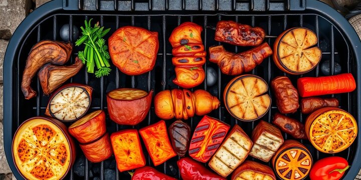 Overhead view of a charcoal grill with various grilling foods, tasty, vegetables