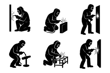 Welding worker silhouettes icon, welder, metalwork, industry, repair, safety