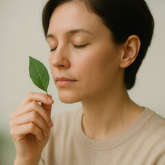 Portrait of a woman appreciating nature while holding a green leaf in a calm indoor setting