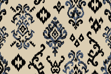 Modern ikat seamless pattern featuring blue and black geometric and ornamental motifs on a beige background. geometric ethnic oriental seamless pattern.Aztec style. illustration. design for textiles 