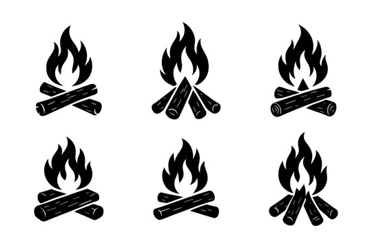 Campfire silhouettes icon, fire, outdoor, camping, bonfire, warmth