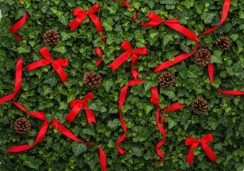 Festive greenery with red ribbons and pinecones