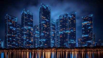 A neon-lit cityscape at night, with skyscrapers reflected in calm water under a starry sky - Powered by Adobe