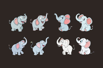 A vibrant collection of elephant icons in a colorful outline style, featuring various poses and designs &mdash; modern, playful, and decorative vector illustrations.