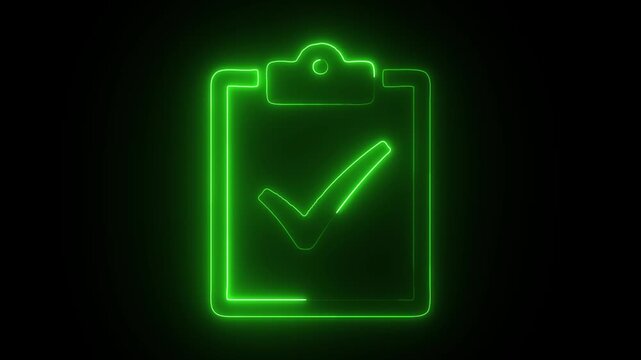 Green neon clipboard with check mark glowing on a black background for task completion concept