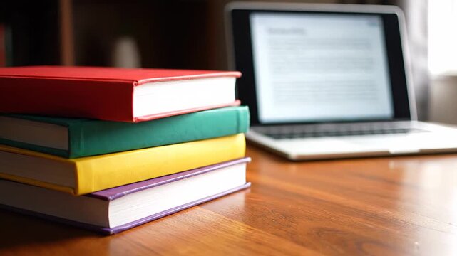 Vibrant pile of books on a rustic desk paired with a sleek laptop. Represents the idea of learning, exploring, or online education from the comfort of home