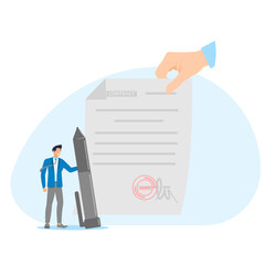 Agreement concept. Illustration of a character holding a pen and a hand holding an agreement paper.