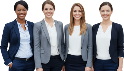 Four diverse smiling businesswomen wearing suits standing together in professional attire Teamwork Diversity Collaboration