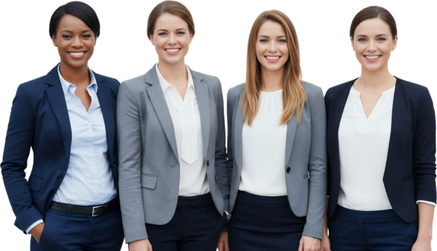 Four diverse smiling businesswomen wearing suits standing together in professional attire Teamwork Diversity Collaboration