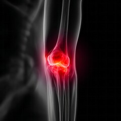 Obraz premium Human knee joint displays intense inflammation and pain highlighted with bright red luminescence