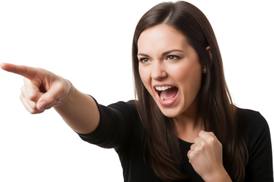 Angry young woman pointing finger aggressively shouting with clenched fist raised expressing strong emotion Rage Frustration