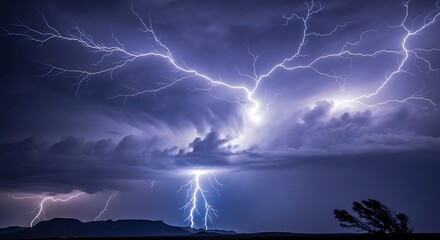 A dramatic nighttime scene of intense electrical discharges illuminating ominous, billowing storm clouds above a silhouetted landscape