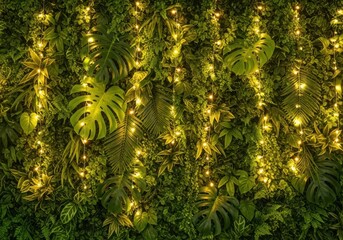 Enchanting greenery illuminated by warm fairy lights