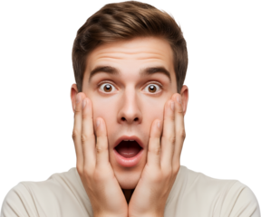 Young Caucasian man with wide eyes and open mouth hands on cheeks displaying shock and surprise Shocked Face Expression Emotion