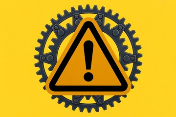 A yellow warning sign with a black exclamation point surrounded by a gear on a yellow background signifies caution, hazard, and potential danger in machinery and industry