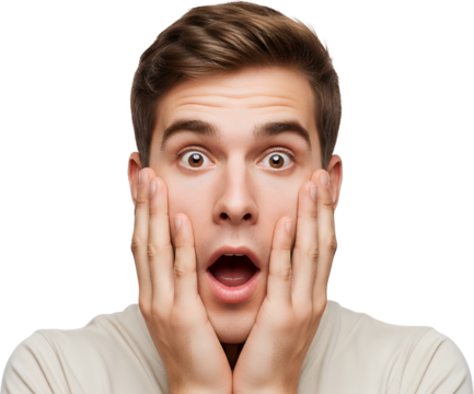 Young Caucasian man with wide eyes and open mouth hands on cheeks displaying shock and surprise Shocked Face Expression Emotion