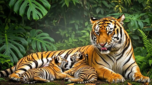 Majestic tigress nurses cubs amidst lush green foliage video preview