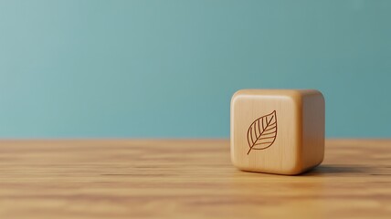 Eco-friendly leaf symbol on a wooden cube, representing environmental consciousness and sustainable choices in a clean, minimalist setting