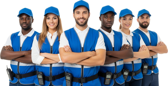 Diverse group of six individuals in blue vests and caps with arms crossed and walkie talkies security team professionals
