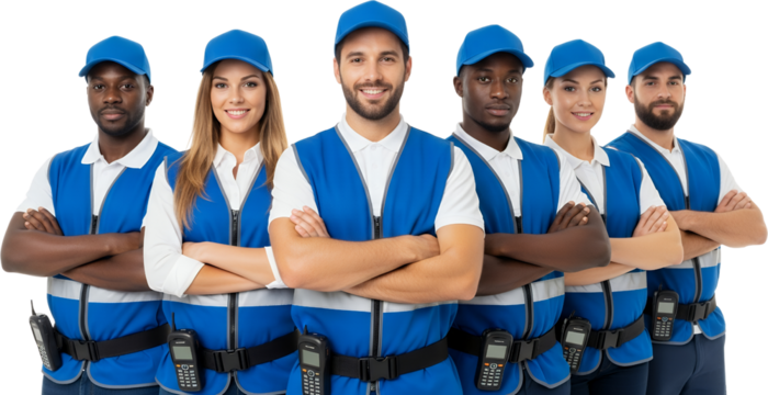 Diverse group of six individuals in blue vests and caps with arms crossed and walkie talkies security team professionals - Powered by Adobe