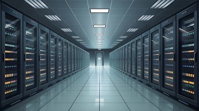 Bright server room interior with rows of server racks extending down a long hallway floor