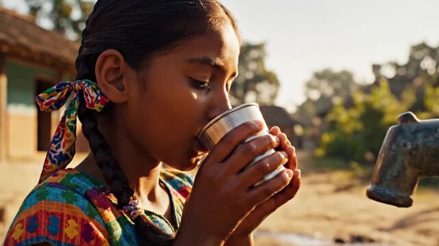 Young Indian girl drinks fresh water from a hand pump in a rural village symbolizing access to clean water and community wellbeing.