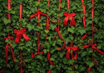 Festive red ribbons adorn lush green ivy wall