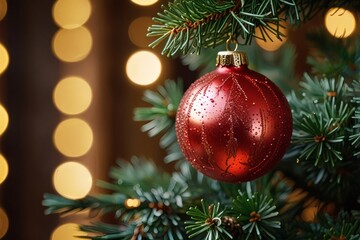 Close up of a red christmas ornament on a christmas tree with bokeh lights in the background