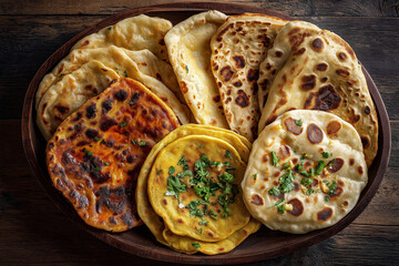 An overhead, close-up shot of a variety of traditional Indian flatbreads (Naan, Roti, Paratha), served together on a rustic wooden platter.